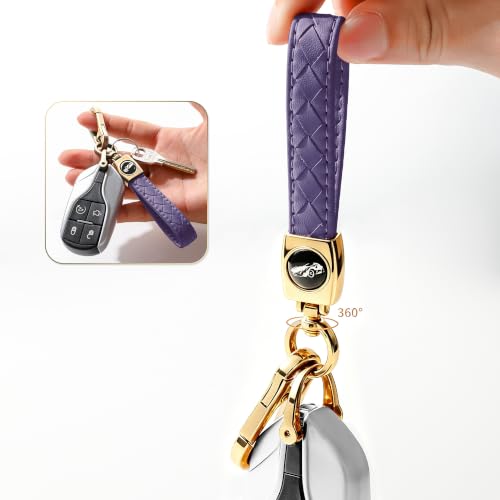 Image of Gkeygo Carabiner Keychain, Universal Heavy Duty Woven Handmade Leather Key Chain, Car Fob Key Keychains with 360 Degree Rotatable Snap Swivel and Anti-Lost D-Ring for Men and Women,Light Gold - Purple