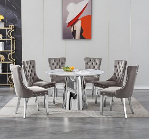 Image of 7-Piece Round Dining Table Set for 6, Modern Faux Marble Kitchen Table and Grey Velvet Chairs Set of 6, Luxury 45 inch Circle White Silver Dining Room Tables with Stainless Steel Base