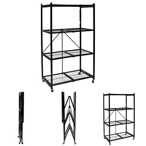 Pop It Origami Storage Solutions R1407W Four Shelf Steel Collapsible Garage Storage Rack w/Wheels