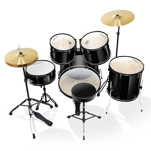 Full Size Complete Adult 5-Piece Drum Set with Cymbals, Stands, Stool, and Sticks - Black