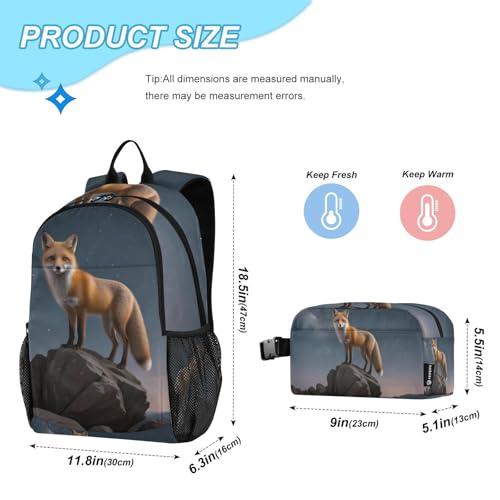 Travel Backpack Lunch Bag Set for Hiking Picnic, Backpacks with Insulated Lunch Box Fox Rock Print2