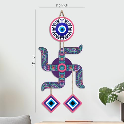 Image of Artvibes Swastik Evil Eye Wall Hanging for Home Entrance Door Decor | Sacred Hindu Swastik Symbol with Nazar Battu Protection for Positive Energy | Good Luck | Vastu & Spiritual Wall Art (WH 85108N)