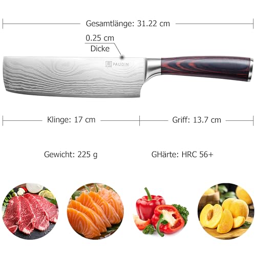 PAUDIN Japanisches Messer, Klingenlänge 17 cm Nariki Messer Hackmesser Kochmesser aus hochwertigem Edelstahl, asiatisches Mehrzweck Küchenmesser für Haus und Küche mit ergonomischem Griff