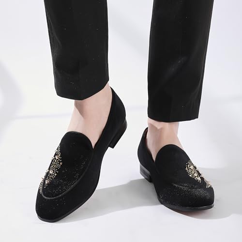 Men's Luxury Velvet Penny Loafers with Fashion Spiked, Casual Penny Loafers for Men, Noble Slip-on Dress Loafers Glitter Suede Smoking Slippers (Black)4