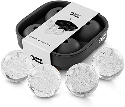 Mod And Main Large 4 x 1.78" Ice Ball Maker Tray - Premium Silicone Mold for Slow Melting Whiskey, Cocktails - Easy Release - Freezer Safe (Black, 4 X 1.78" Balls 1pk)