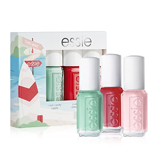 Essie Kit de pintauñas On the Sea, 3 esmaltes de uñas tamaño mini, Acabado brillante y Larga duración, Tonos: Mint Candy Apple, Peach Daiquiri, Mademoiselle