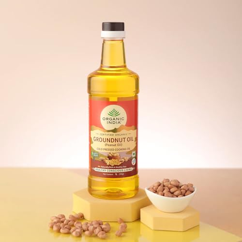 Image of Organic India Groundnut (Peanut) Oil, 1000ml | Cold Pressed Unrefined Organic Oil with Natural Flavour | Certified Organic and Lab Tested on 250+ Parameters | Perfect for Daily Cooking | Natural Aroma and Taste
