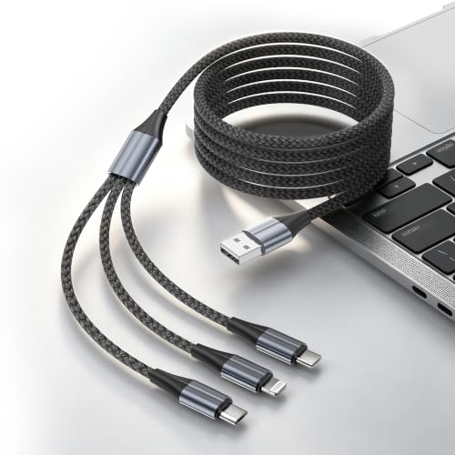 Image of FEEL2NICE 3 in 1 Multi Charging Cable, 3-Pack 6 FT Multiple Device Charger Cord with USB C, Lightning and Micro USB Plugs for iPhone 17 16 15 14, Android Phones and Tablets, Gray