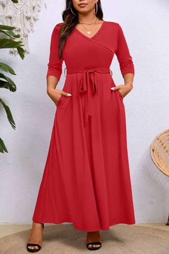Image of Runwind Plus Size Dress for Women - 3 /4 Sleeve V Neck Maxi Dresses for Women (XL-6XL)