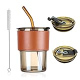 JOMIHONEY Leak-Proof Glass Tumbler Cup, 15 oz Clear Reusable Smoothie Mugs Boba Cups with Leak Proof