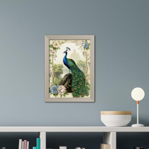 Image of TenorArts Peacock Photo Frame Vastu Positivity Lucky Wall Painting Aesthetic Art Frames with White Wooden Texture for Living rooms Office Bedroom - Wall Paintings /Hangings (12inches x 9inches)