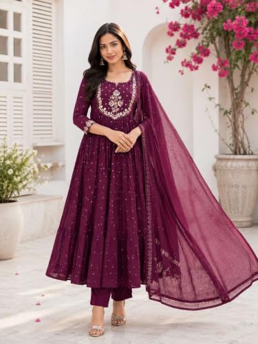 Image of Women's Cotton Embroidery Anarkali Kurti and Pant with Dupatta Set