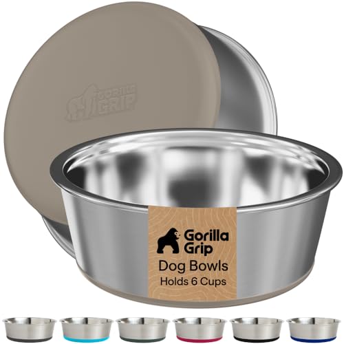 Image of GORILLA GRIP Dog Bowls, Food Grade 304 Stainless Steel, Holds 6 Cups Each (48 fl oz) Food and Water Bowl for Feeding Dogs and Cats, Dishwasher Safe, Rust Resistant, BPA Free Rubber Base Set of 2 Beige