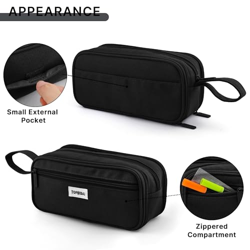 Image of TOPBIDAI Large Pencil Case Pouch for Girls Boy Women Men Adults | Big Capacity Canvas Pencil Bag, Office School Supplies, Multi Compartment Zipper Stationery Pen Box (Coal Black)