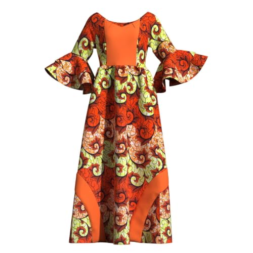 Image of iooiooi Womens African Print Party Maxi Dress Ankara Long Dress & Headwrap | Ankara Print Maxi Dress for Women,Flared Bell Sleeve Party Gown