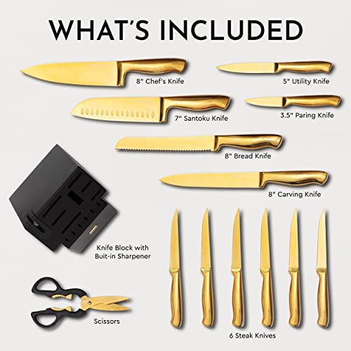 Black And Gold Knife Set With Block - 14 Piece Gold Knife Set With Sharpener Includes Full Tang Gold Knives And Self Sharpening Knife Block Set - Black And Gold Kitchen Accessories, Gold Kitchen Decor #TOP6