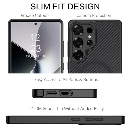 Image of BENTOBEN Carbon Fiber Back Cover Case for Samsung Galaxy S25 Ultra, Compatible with Mag-Safe, Slim Flexible Shockproof Anti-Scratch Anti-Slip Bumper Protection, TPU+Polycarbonate, Black