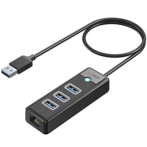 ORICO Adaptador USB 3.0 para Ethernet, hub USB 3.0 4 em 1 com adaptador Ethernet RJ45 10/100/1000 Gigabit com cabo de 0,5 m compatível com Mac OS 10.X e superior, Linux, Android-Black