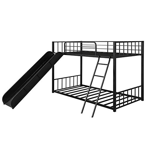 Metal Loft Bunk Bed with Slide and Ladder, Multifunctional Design, with Safety Guard Rails for Kids Teens Adults/Easy to Assemble/No Box Spring Required (Black)