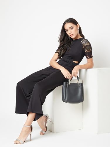 Image of Miss Chase Women's Halter Neck Sleeveless Solid Wide Leg Sequin Paneled Regular Length Jumpsuit