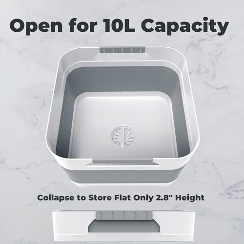 GIMWA 2.6 Gal(10L) Collapsible Wash Basin for Baby Bottles, Gray Space-Saving Collapsible Dish Basin with Drain Plug for bottle washing, Collapsible Bucket for RV Kitchen Essentials