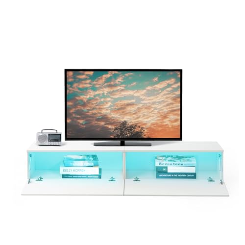 Ginhow TV Schrank Weiss mit LED Beleuchtung, TV Lowboard Weiß Für Wohnzimmer — 180x33x33cm, Viel Stauraum — TV Board mit 2 Türen, Moderner Fernsehtisch, TV Lowboard Hängend Ginhow TV Schrank Weiss mit LED Beleuchtung, TV Lowboard Weiß Für Wohnzimmer — 180x33x33cm, Viel Stauraum — TV Board mit 2 Türen, Moderner Fernsehtisch, TV Lowboard Hängend