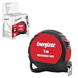 Energizer - Measuring Tape 3 Metres Metric System - Black and Red - Bi-Material Tylon - Ergonomic Case - Lacquered Steel Tape with Hook 16mm - Tape Lock - Automatic Return
