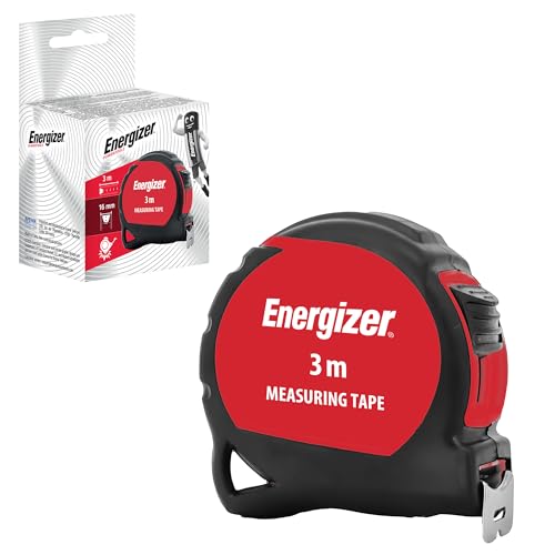 Energizer - Mètre Ruban 3 Mètres Système métrique - Noir et Rouge - Bi Matière Tylon - Boitier Ergonomique - Ruban en Acier Laqué avec crochet 16mm - Blocage Du Ruban - Retour Automatique