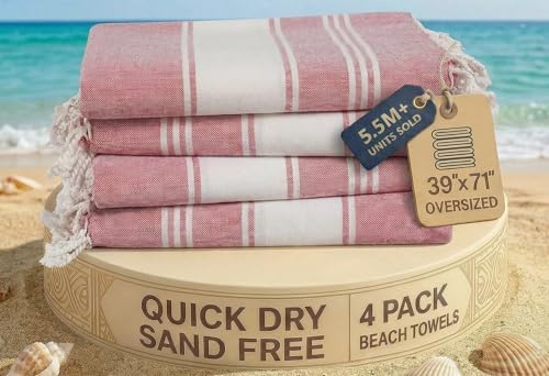 Lane Linen Beach Towel Set of 4, Turkish Beach Towel Set, Pre-Washed Pool Towels, Quick Dry Travel Beach Towel, Extra Large Beach Towels Oversized, 39"x71" - Cashmere Rose
