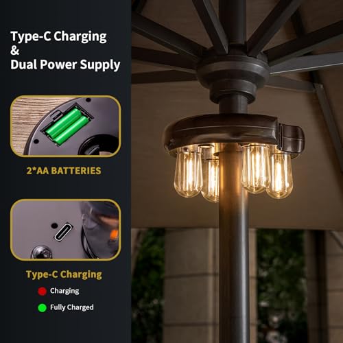 Image of Patio Umbrella Light with Remote Control, Rechargeable Cordless LED Edison Bulbs Pole Light with 10 Brightness Levels for Garden, Patio, Backyard, Camping or BBQ - Brown (1 Pack)