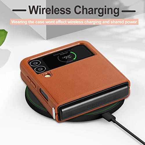 Kezihome Samsung Galaxy Z Flip 4 Case, Samsung Z Flip 4 Genuine Leather Case, Slim Thin Shockproof Full-Body Protective Cover Phone Case Compatible With Galaxy Z Flip 4 5G (Khaki) #TOP6