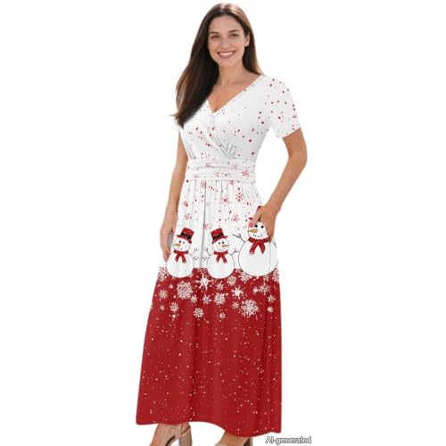 Image of Women's Fall Summer Short Sleeve Ankle Length V-Neck Party Dress with Pockets Size S-3XL