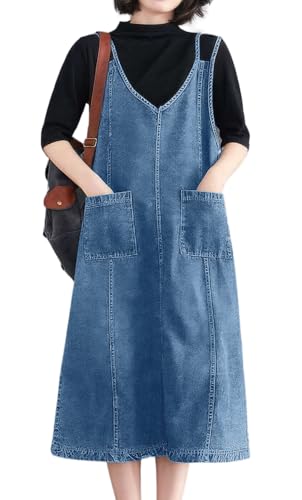 Image of ebossy Women's Sleeveless V Neck Denim Overall Jumper Dress Casual Loose Double Spaghetti Straps Midi Jean Dress