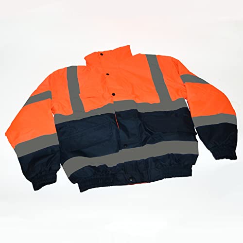 ATE Pro. USA - High Visibility Reflective Winter Bomber Jacket, Black Bottom, ANSI Compliant, Safety Jacket W/ Hood Water Resistant Orange- Medium Size