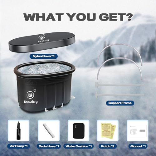 Keszing Oval Ice Bath Tub with Lid for Adult, Large Portable Cold Plunge Tub for Cold Water Therapy Training, 5 Layers Athletes Ice Baths at Home/Outdoor Gym (100x65x65cm) (Black)