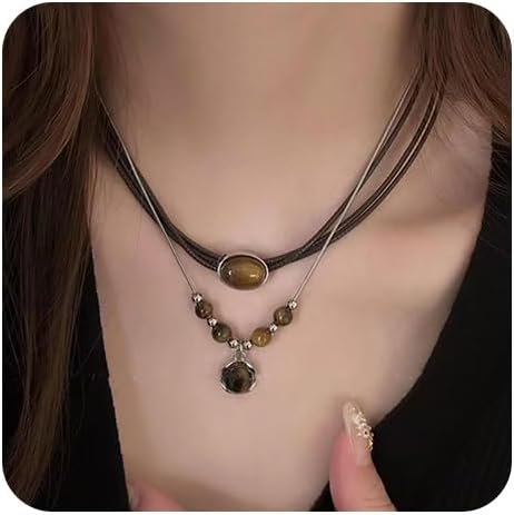 Tiger Eye Necklace, Leather Necklace for Women, Choker Necklaces for Women, Boho Necklace, 2 pcs Western Necklace for Cowgirl Jewelry