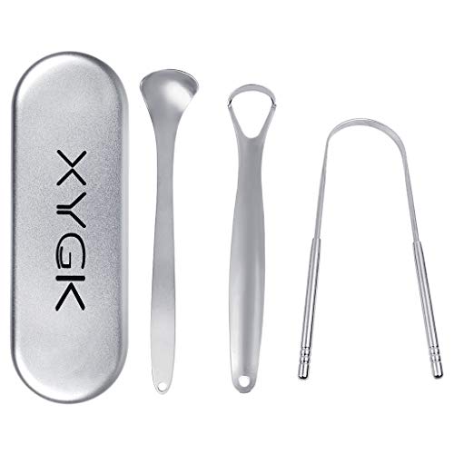Conjunto de raspador limpiador de lengua, XYGK tres piezas de raspador de lengua al acero inoxidable por limpieza de lengua, higiene bucal óptima (Plata)