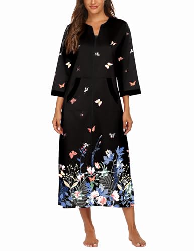 Image of Ekouaer Women Zipper Robe 3 /4 Sleeves Loungewear Dress Full Length Sleepwear Pockets Housecoat Nightgown Long Bathrobe