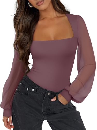 Image of PINKMSTYLE Women's Square Neck Double Lined Mesh Long Sleeve Bodysuits | Sheer Puff Sleeve Body Suit,Slim fit Trendy Going Out Tops,Concert Outfit