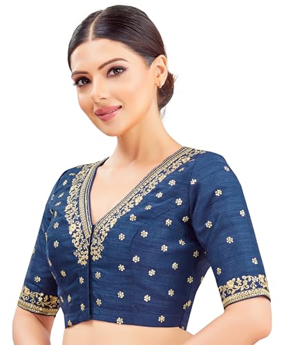 Studio Shringaar Women's Cotton Elbow Length Sleeves Embroidered Wedding Saree Blouse