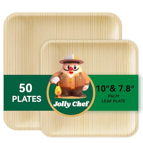 JOLLY CHEF Palm Leaf Plates 50 Pack 10 Inch & 7.8 Inch Bulk Disposable Like Bamboo Square Plates Party Compostable Ideal for Dinner Wedding Party