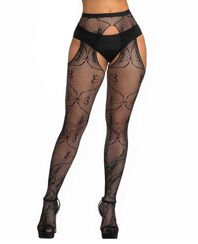 Image of Sesiwadbe Womens Fishnet Patterned Tights High Waist Suspenders Pantyhose Thigh High Stockings