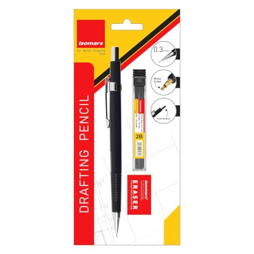 Image of Isomars Draftex Mechanical Pencil 0.3mm (2B) Black with 10 Extra Leads & Eraser | Drafting Pencil for Technical Drawing, Sketching, Engineering, Architecture & Writing