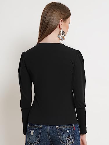 Image of POPWINGS Casual Solid Puff Button Long Sleeves Top for Women || Summer Round Neck Stylish Western Top for Jeans