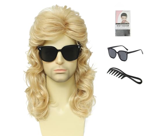 Image of Men's 80s Curly Mullet Wig Set, Retro Rocker Costume for Halloween Party & Cosplay (Light Blonde)
