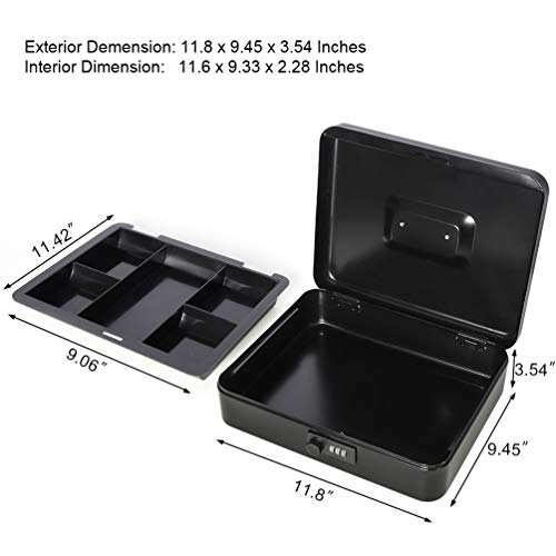 Image of Safe Metal Cash Box with Combination Lock, Decaller Large Lock Storage Money Box with Money Tray, Black, 11 4 /5 inch x 9 2 /5 inch x 3 1 /2 inch, QH3001L