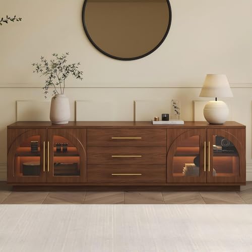 Homary Meuble TV LED Noyer 183 cm avec Portes Vitrées Arquées, Rangement avec Tiroirs Doux, Banc TV Bois Moderne Convient pour Salon ou Chambre