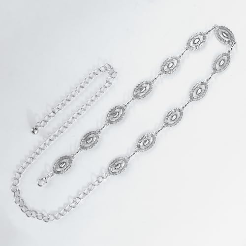 Western-Metal-Concho-Belt for Women Silver Cowgirl Chain Belts Adjustable Boho Waist Links Belt3