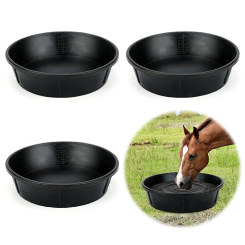 Midollarle 3Pcs Heavy Duty Rubber Feeder Pan, 12Q/3Gal Horses Feed Pan, Large Feed Bucket for Animal Feeding, Livestock Water Bowl Chicken Dust Bath Tub for Horse Goat Pig Dog Farm Livestock Poultry