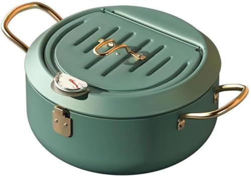 pisipe 天ぷら鍋 揚げ物鍋 揚げ鍋 温度計付 油きり フタ付 IH対応 直火対応 両手鍋 フライ鍋 魚 唐揚げ 理器具 大容量 台所用品 レストラン 家庭用 調理器具調理 安心 IH&ガス火対応 (20cm,グリーン)